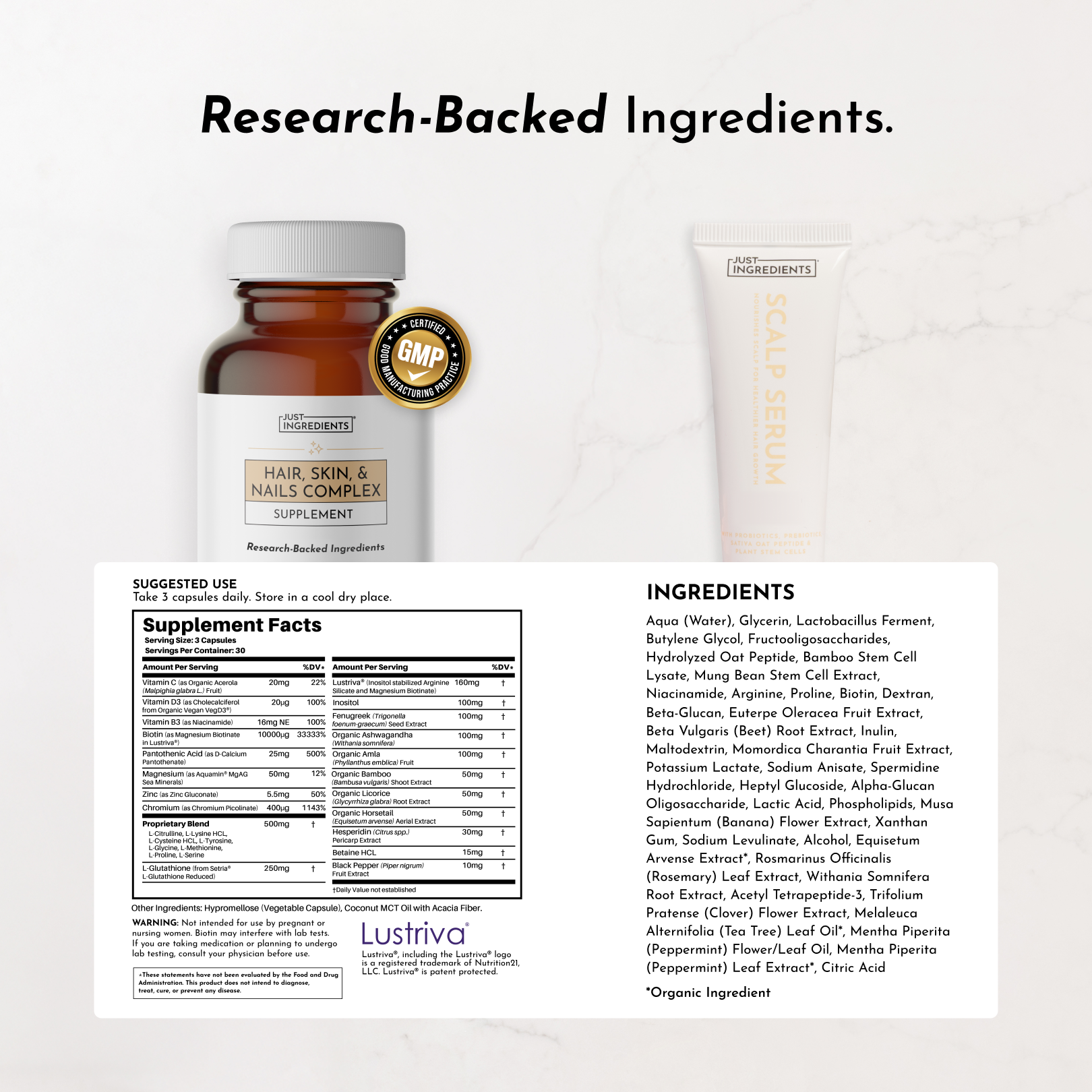 Two supplement bottles with "Hair, Skin, and Nails Complex" label and scalp serum tube displayed with supplement facts and in