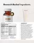 Two supplement bottles with "Hair, Skin, and Nails Complex" label and scalp serum tube displayed with supplement facts and in