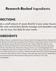 Ingredient list card showing plant extracts, peptides, prebiotics, and probiotics used in the formula.