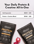 Two bags of protein and creatine blend in vanilla peanut butter and French vanilla flavors, with pricing details.