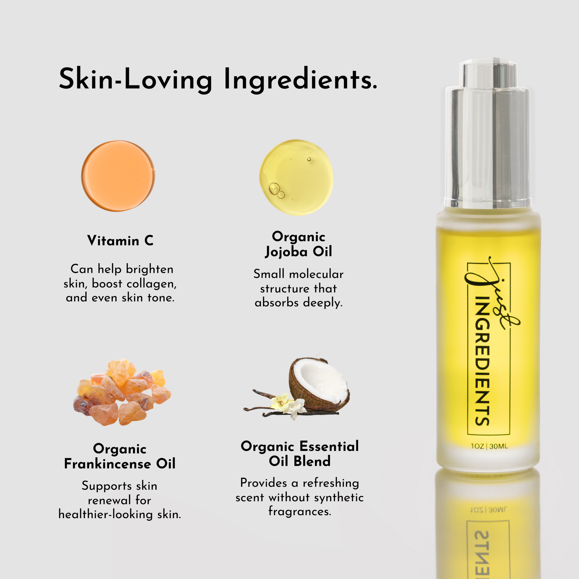 Face serum bottle with a pump, featuring ingredients like Vitamin C, jojoba oil, frankincense oil, and essential oil blend.