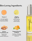 Face serum bottle surrounded by icons for Vitamin C, jojoba oil, frankincense oil, and essential oils.