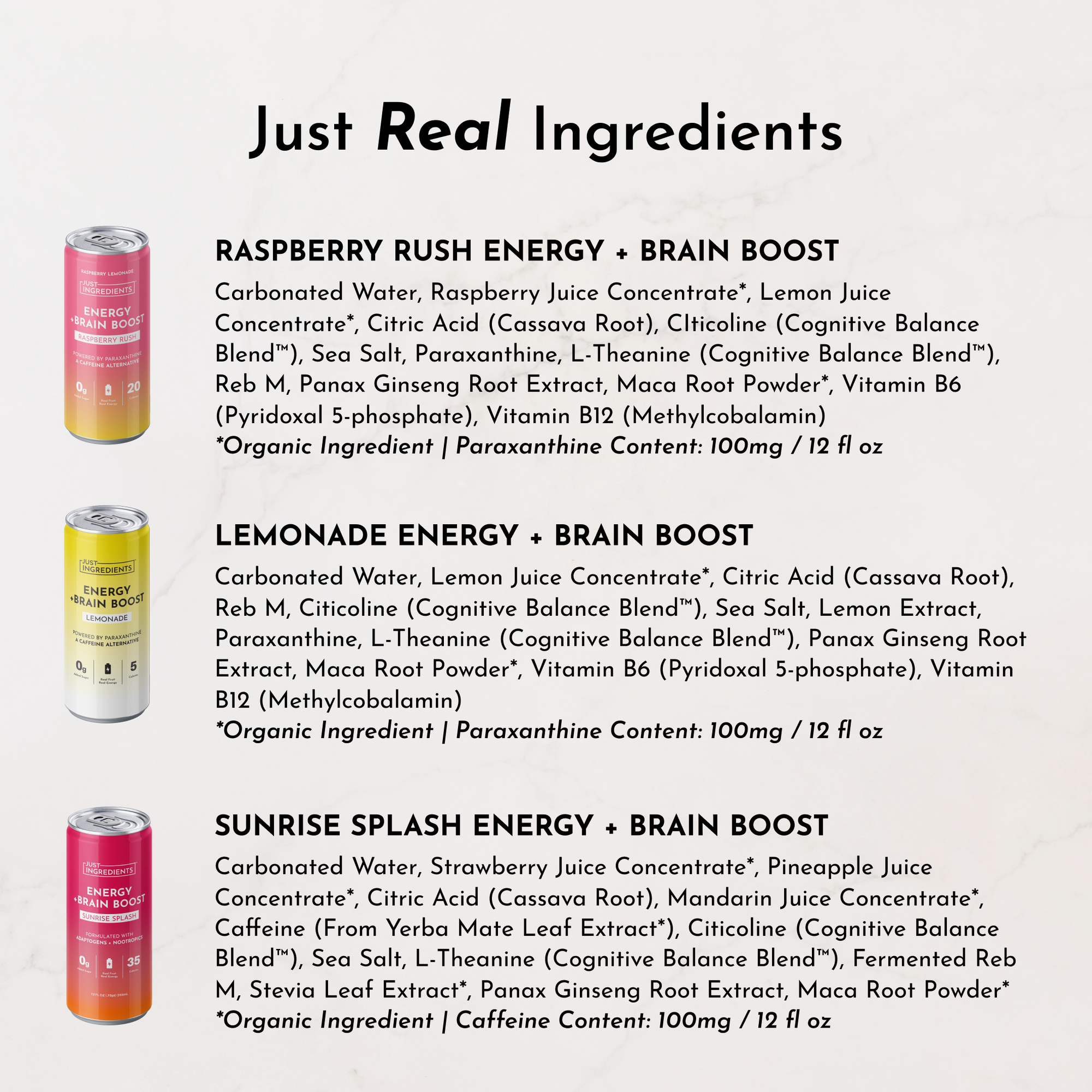 Variety pack of energy drinks featuring Raspberry Rush, Lemonade, and Sunrise Splash flavors with brain-boosting ingredients.