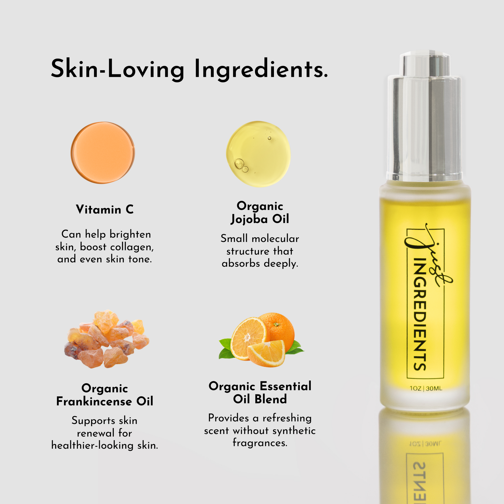 Clear glass bottle of face serum with a silver pump, surrounded by ingredient icons including Vitamin C and jojoba oil.
