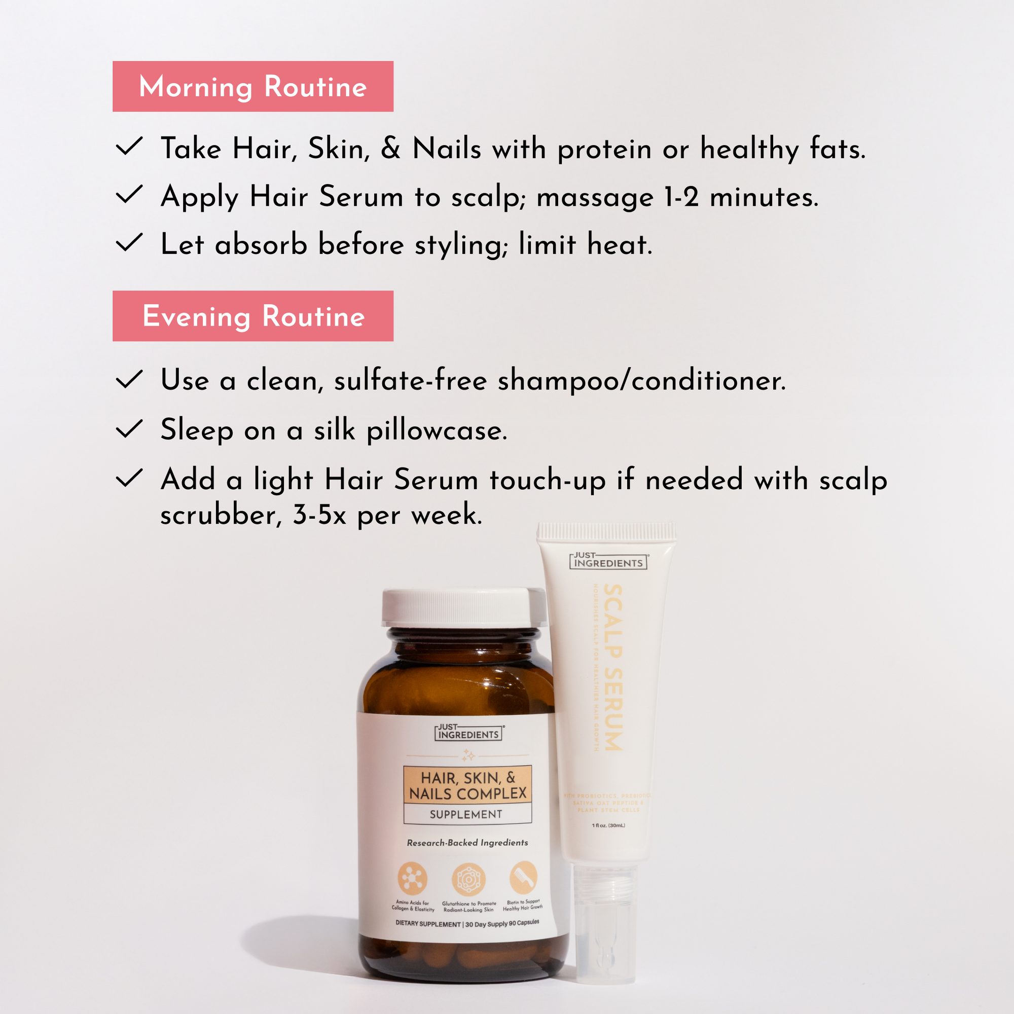 Brown glass supplement bottle labeled "Hair, Skin &amp; Nails Complex" next to white scalp serum tube on gray background.