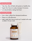 Brown glass supplement bottle labeled "Hair, Skin & Nails Complex" next to white scalp serum tube on gray background.