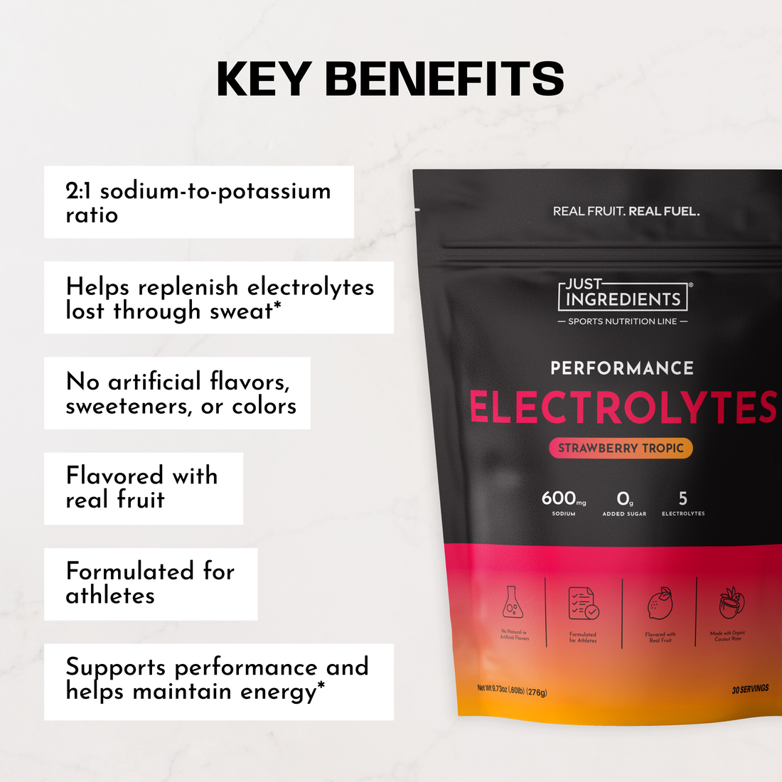 Black pouch of Strawberry Tropic Performance Electrolytes with pink and orange gradient and ingredient iconography.
