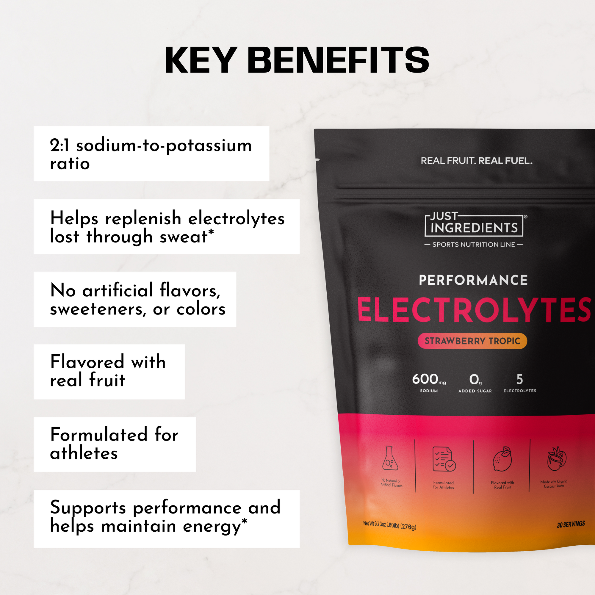 Black pouch of Strawberry Tropic Performance Electrolytes with pink and orange gradient bottom and ingredient icons displayed
