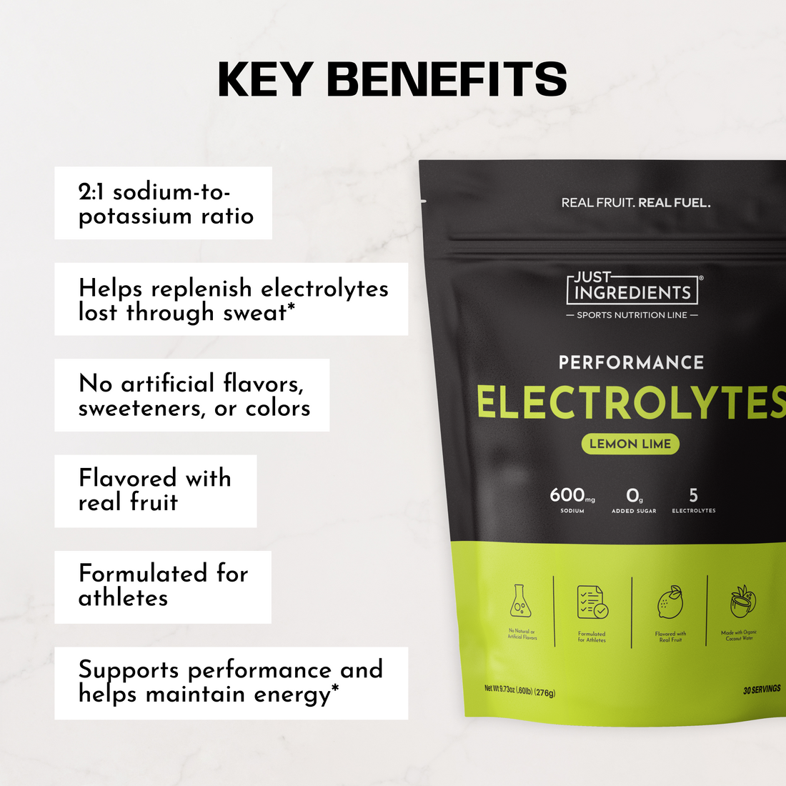 Lemon lime electrolyte pouch with key benefits listed beside the product image.