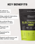 Black and lime green electrolyte powder pouch labeled "Performance Electrolytes Lemon Lime" with key benefits listed on left 