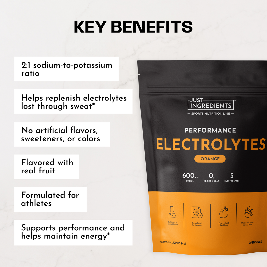 Pouch of orange electrolyte powder with a nearby list of key benefits and product callouts.