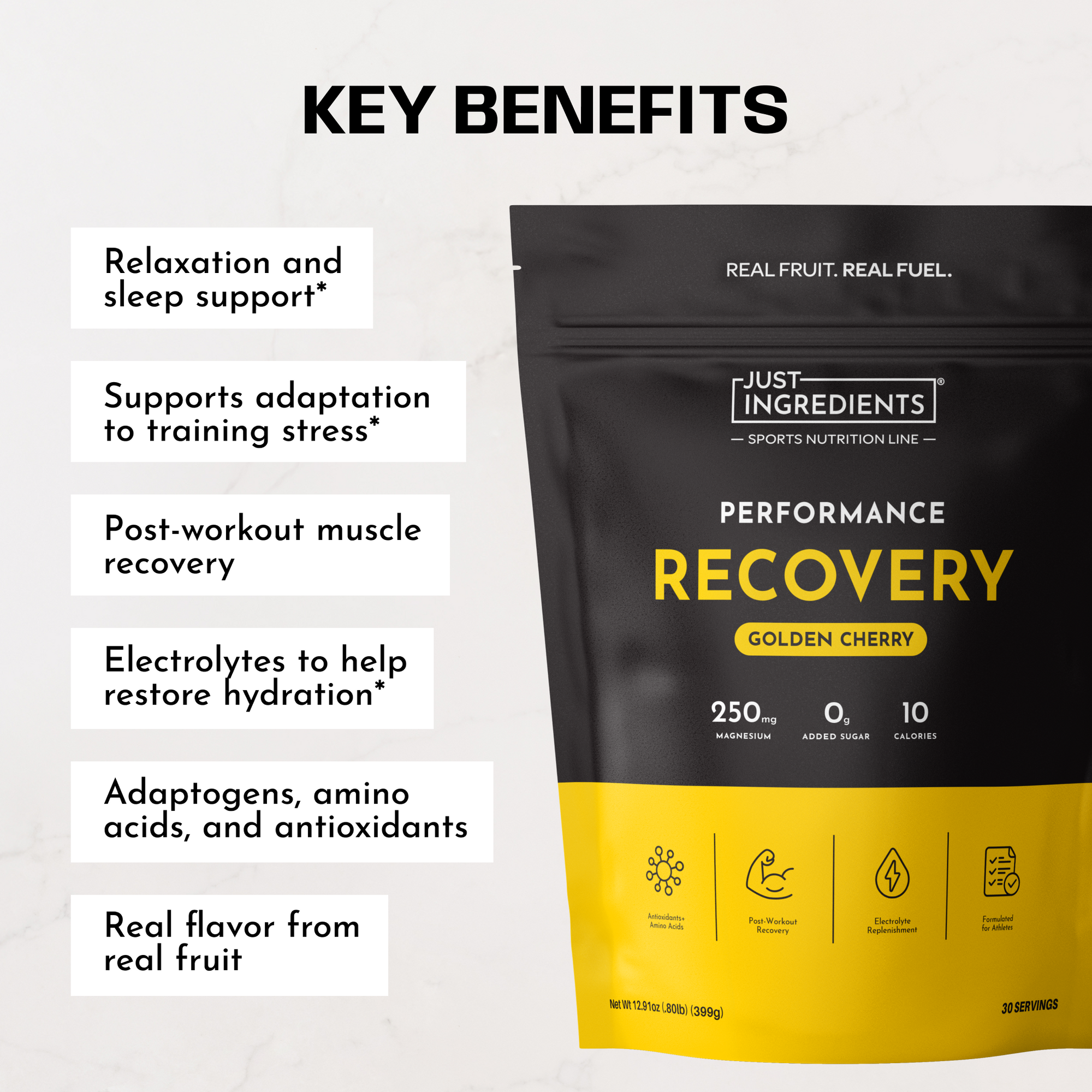 Black and yellow pouch of Golden Cherry Performance Recovery drink displaying key benefits and nutritional information includ