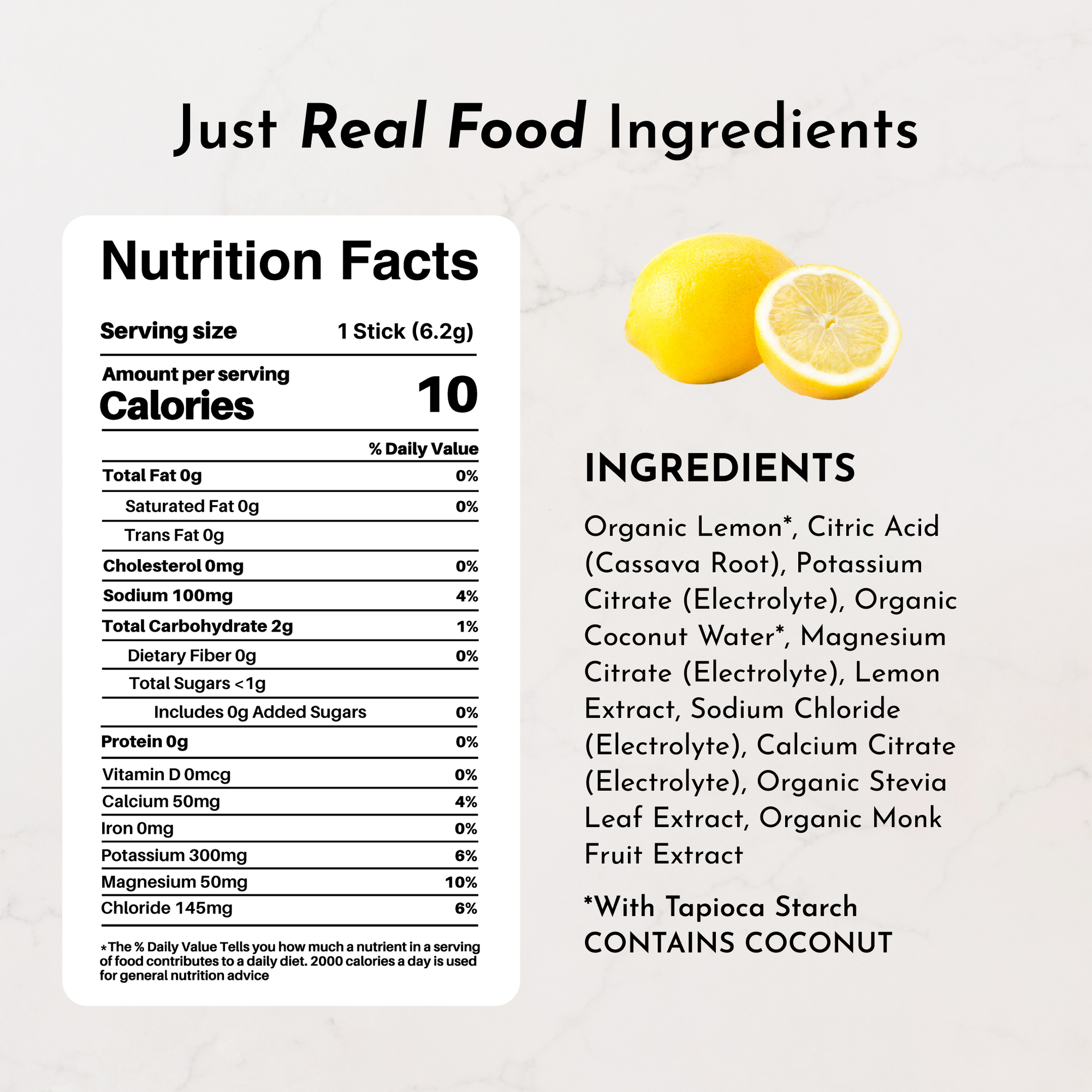 Nutrition facts label for a lemonade electrolyte stick, listing ingredients and nutritional information.