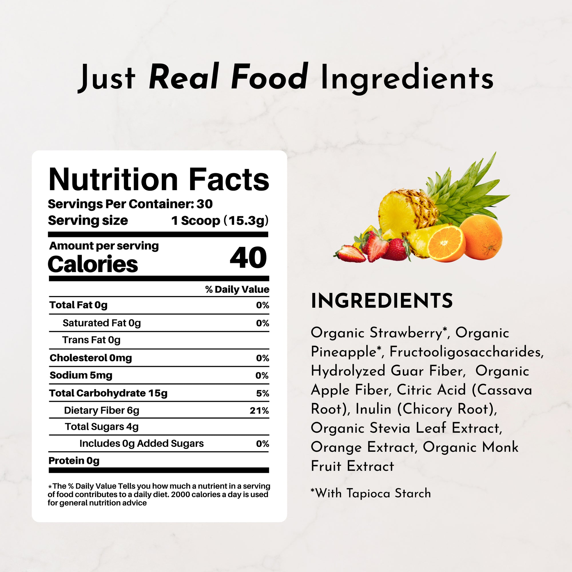 Nutrition facts label for a fruit punch fiber drink, detailing calories, serving size, and ingredients.