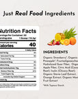 Nutrition facts label for a fruit punch fiber drink, detailing calories, serving size, and ingredients.