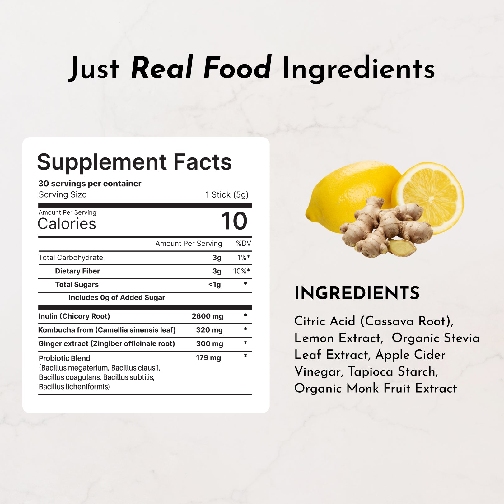 Supplement facts and ingredients list for Lemon Ginger 3-In-1 Probiotic Complex, featuring lemon and ginger.