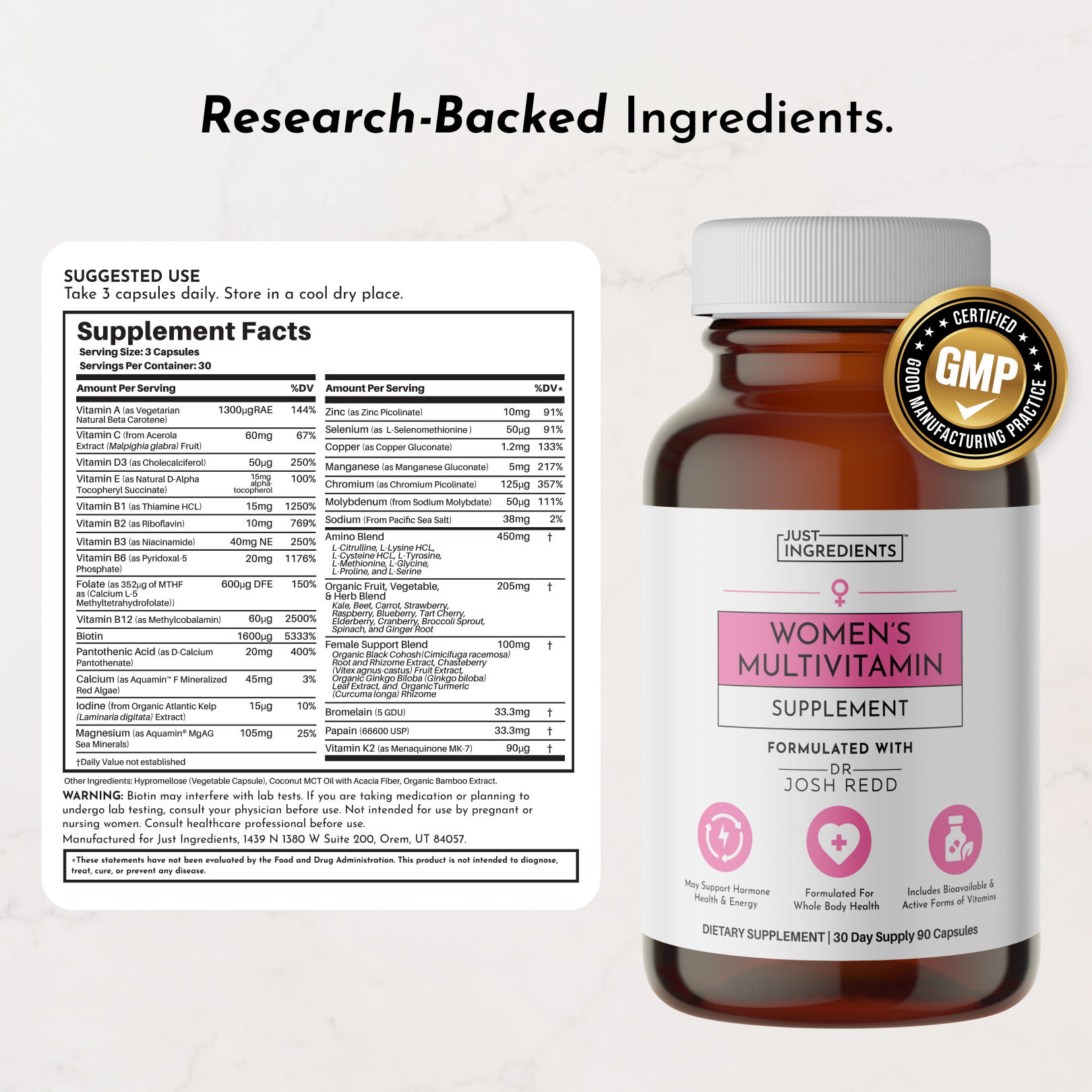 Brown bottle of women's multivitamin with a pink label, featuring supplement facts and usage instructions.