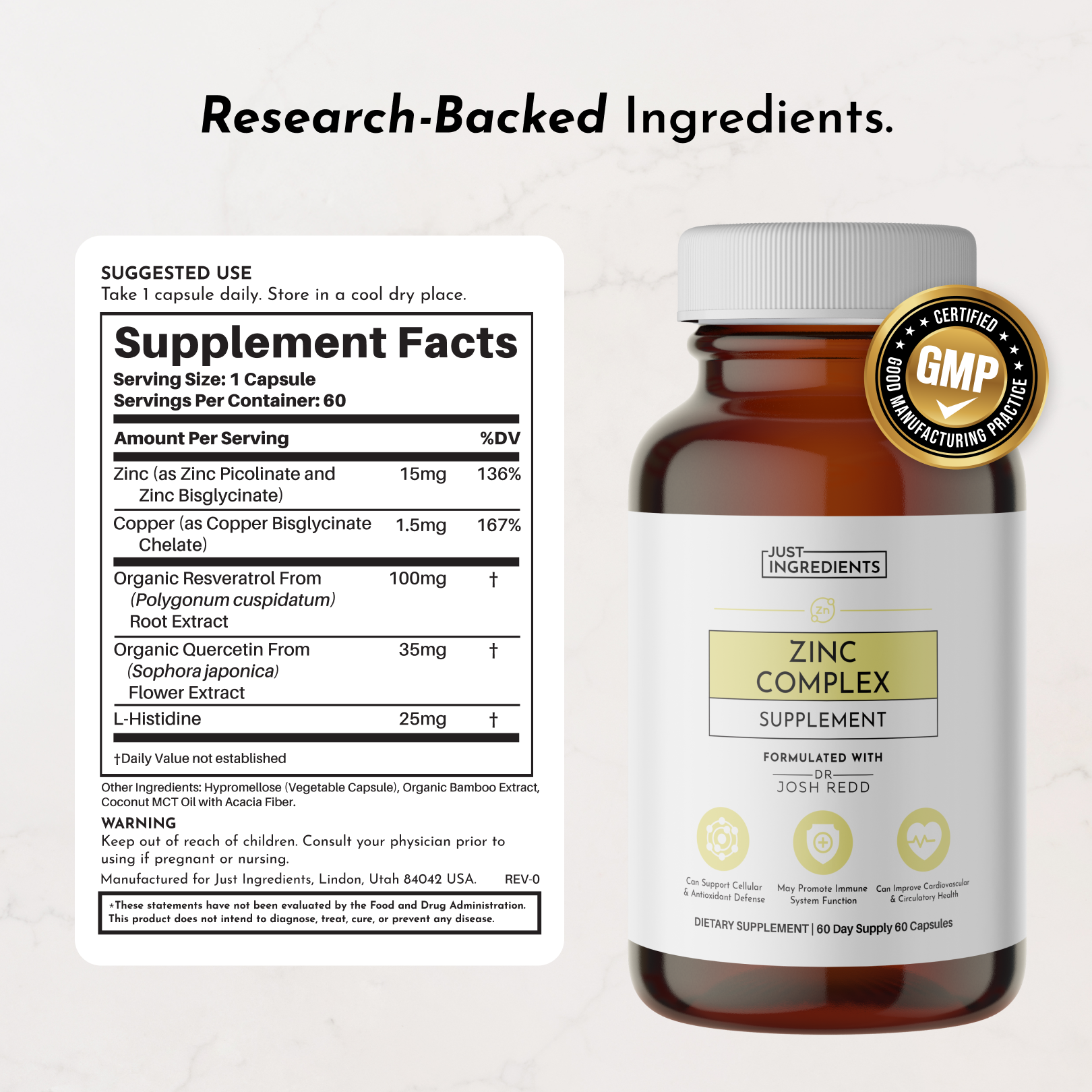 Brown bottle of Zinc Complex dietary supplement with a white label and supplement facts displayed.