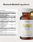 Brown bottle of Zinc Complex dietary supplement with a white label and supplement facts displayed.