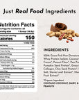 Nutrition facts label with serving size, calories, and ingredient list for roasted peanut butter chocolate protein powder.