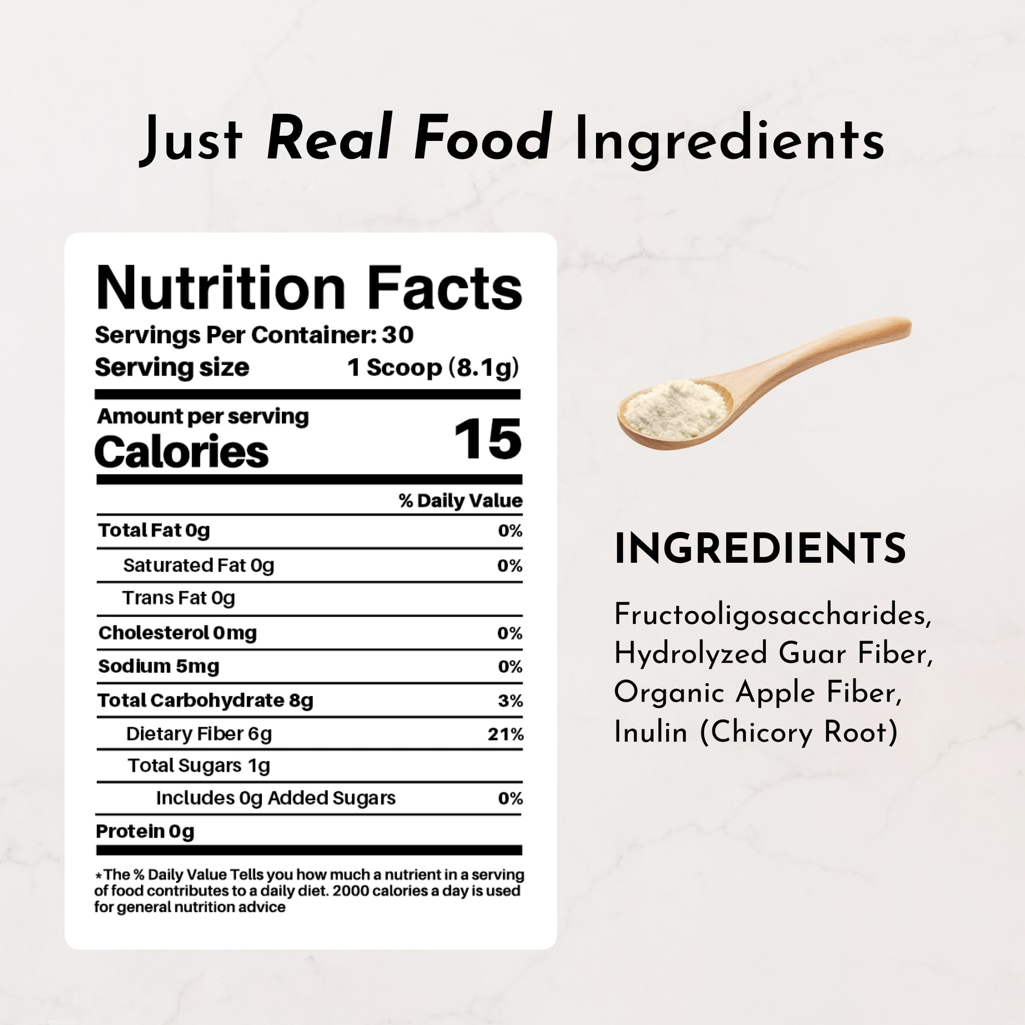Nutrition facts label with serving details, calories, and ingredients for a plain fiber drink.