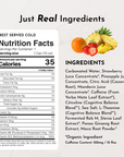 Nutrition facts and ingredient list for Sunrise Splash Energy + Brain Boost beverage, highlighting real ingredients.