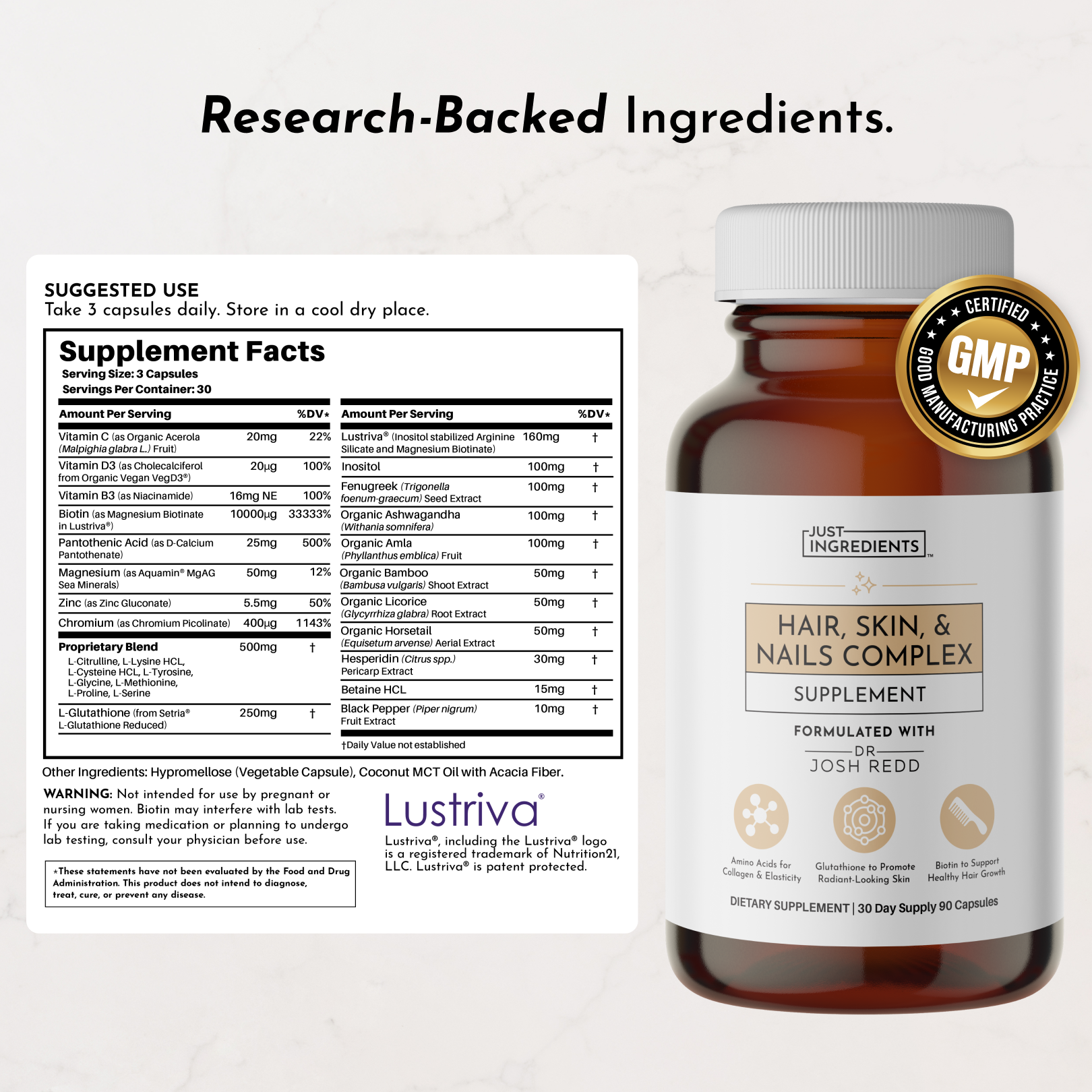 Brown bottle of hair, skin, and nails supplement with a white label, showing supplement facts and suggested use.