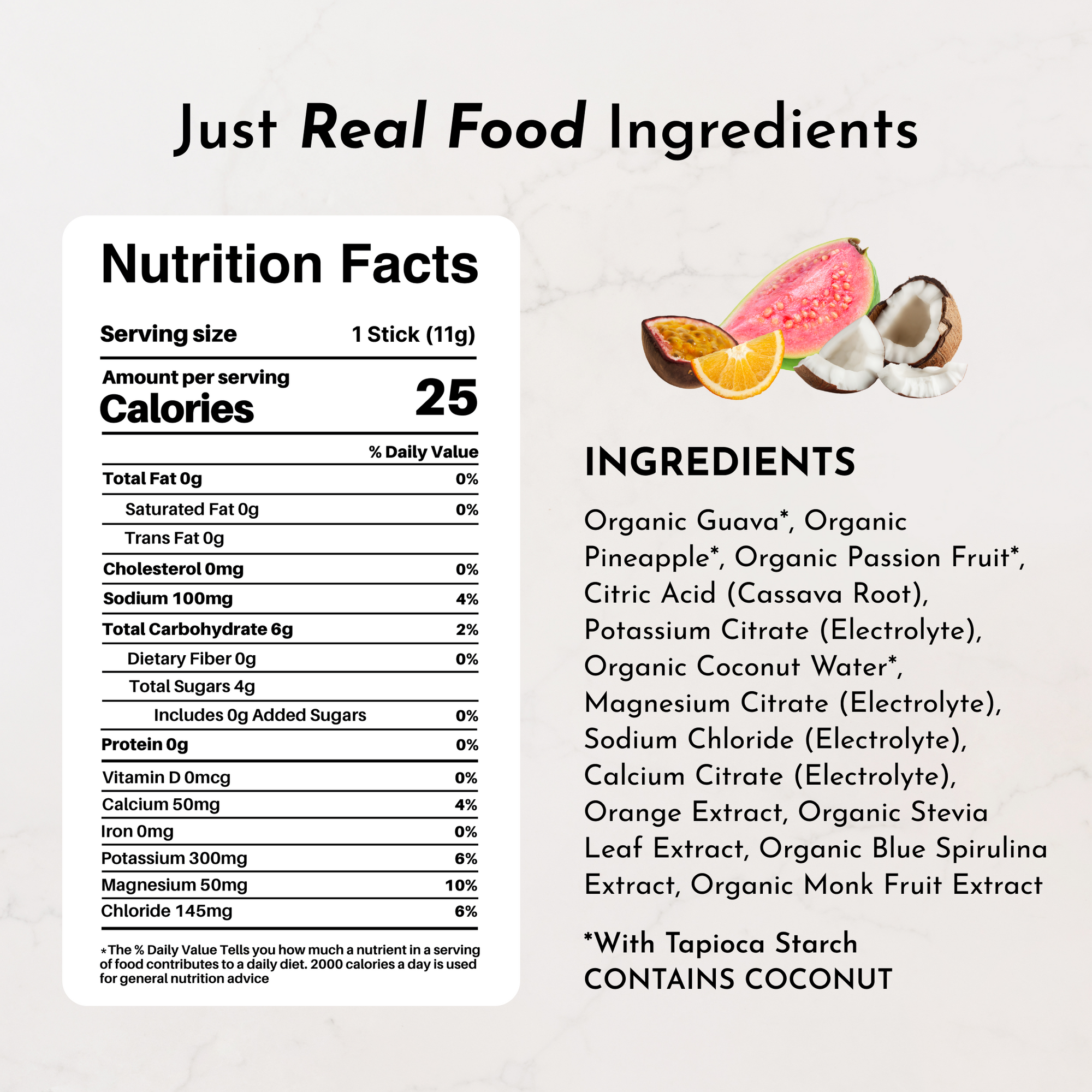 Nutrition facts label and ingredient list for Blue Hawaiian Electrolytes Stick, highlighting organic components.