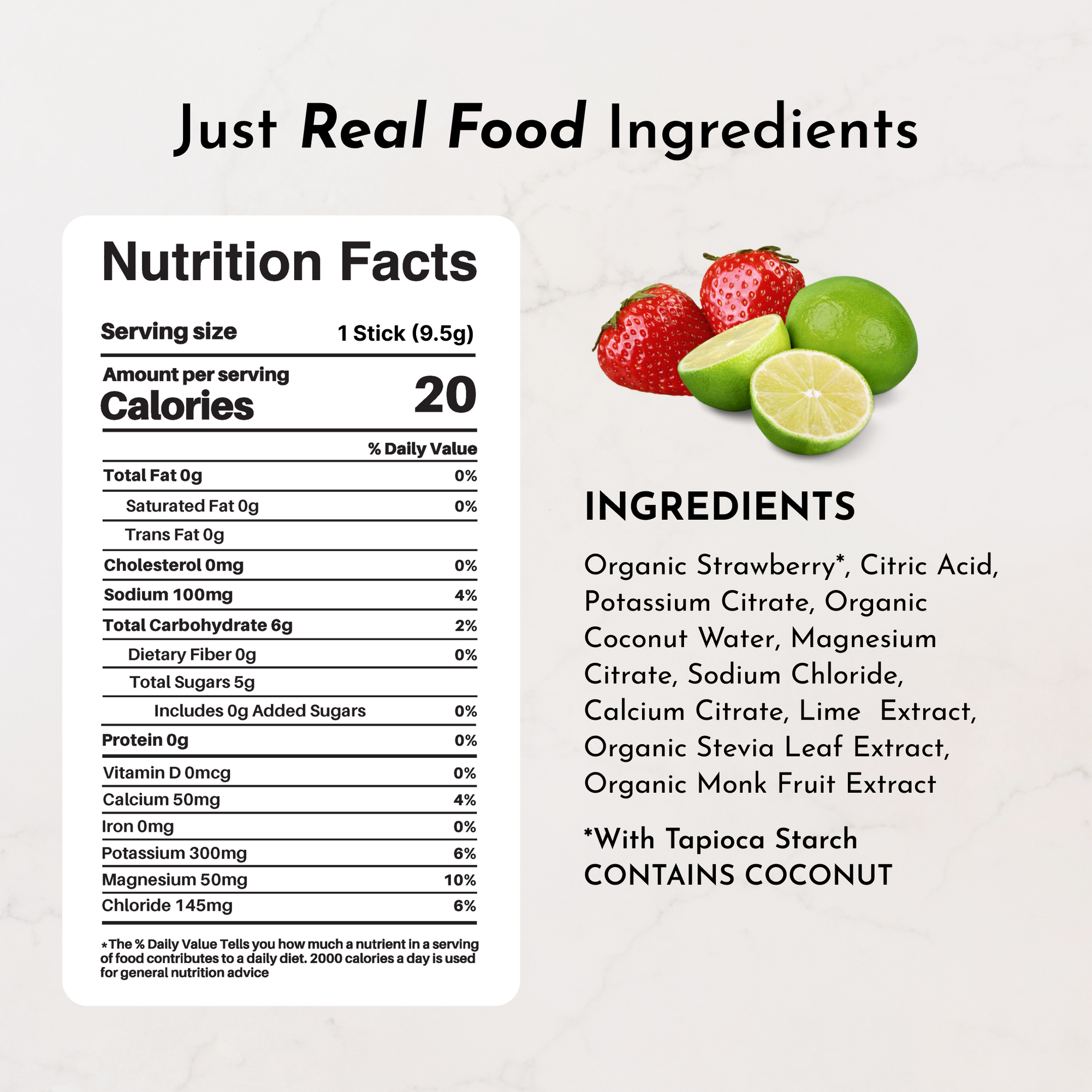 Nutrition facts and ingredient list for Strawberry Limeade Electrolytes Stick, featuring strawberries and limes.