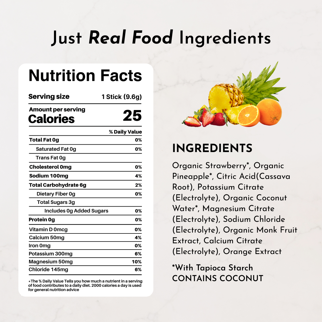 Nutrition facts label and ingredient list for Fruit Punch Electrolytes Stick, highlighting organic ingredients and electrolyt