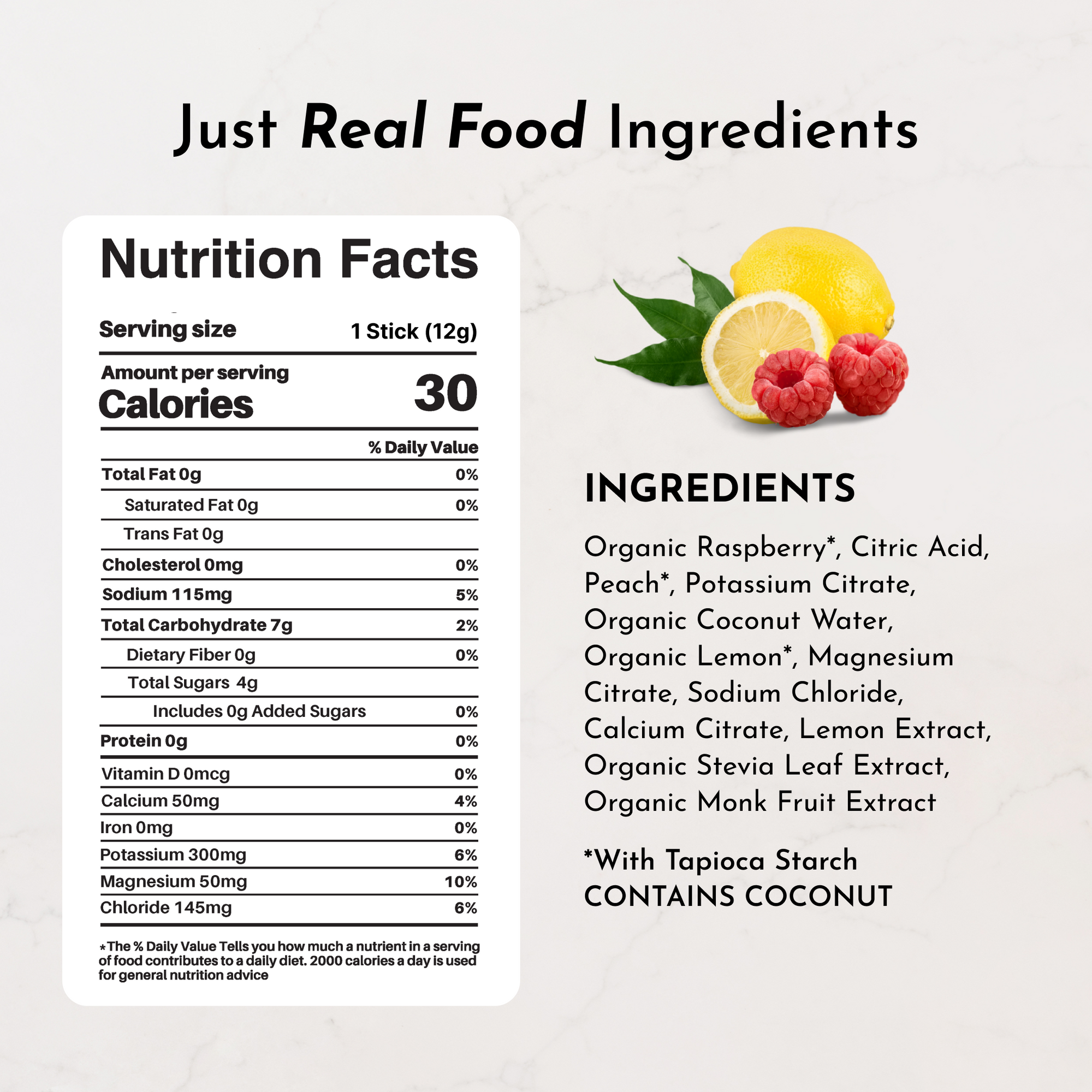 Nutrition facts label for Raspberry Lemonade Electrolytes Stick, listing ingredients and nutritional information.