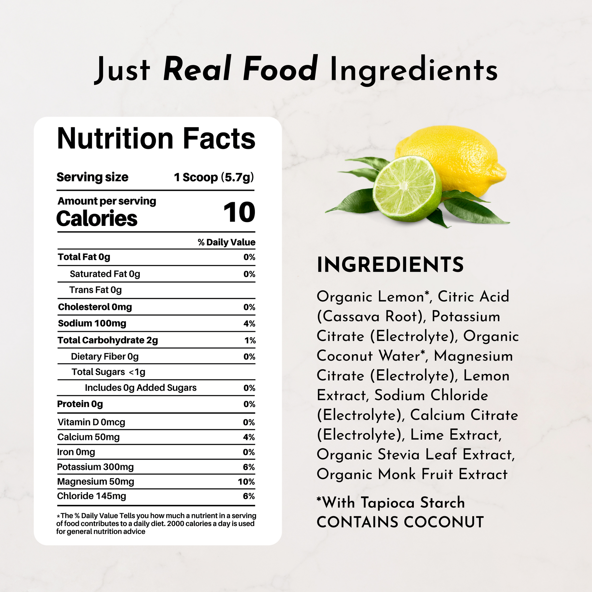 Nutrition facts label with ingredients for Lemon Lime Electrolytes Stick, featuring lemons and limes.