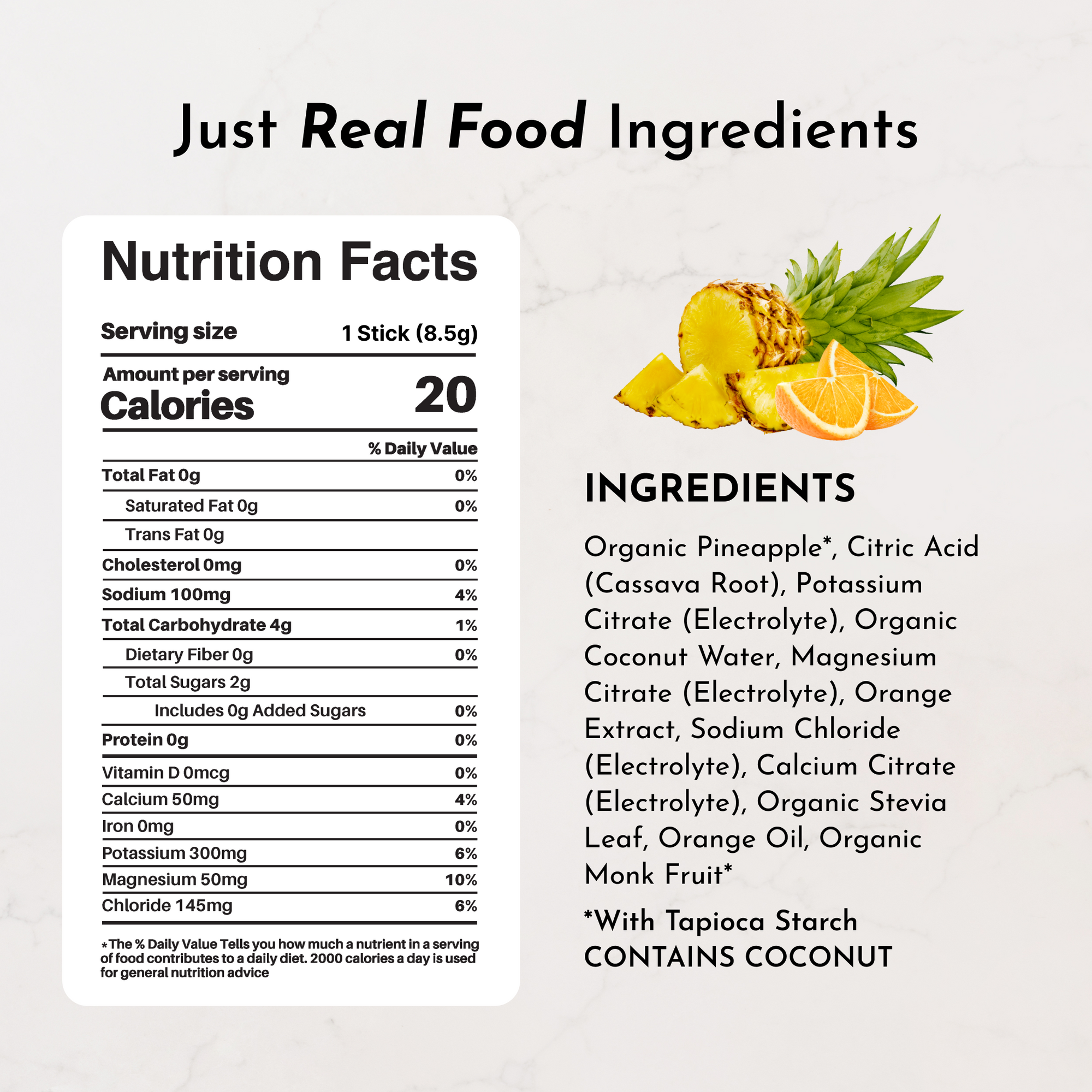 Nutrition facts label and ingredient list for Orange Pineapple Electrolytes Stick, featuring organic ingredients.