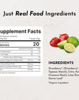 Supplement facts label with nutritional information and ingredients for Strawberry Limeade Nighttime Relax, featuring strawbe