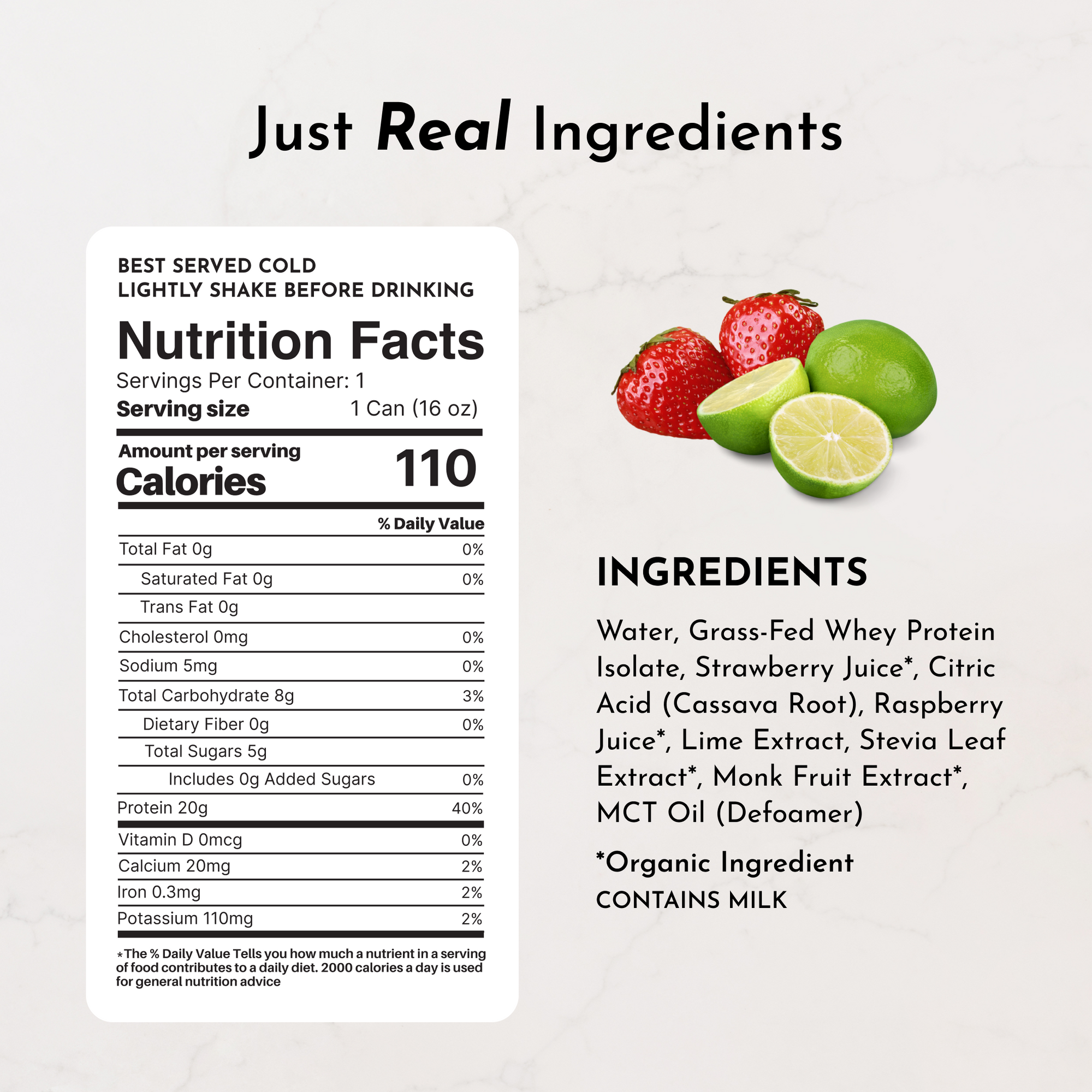 Nutrition facts label for Strawberry Limeade Clear Protein, listing ingredients and serving details.