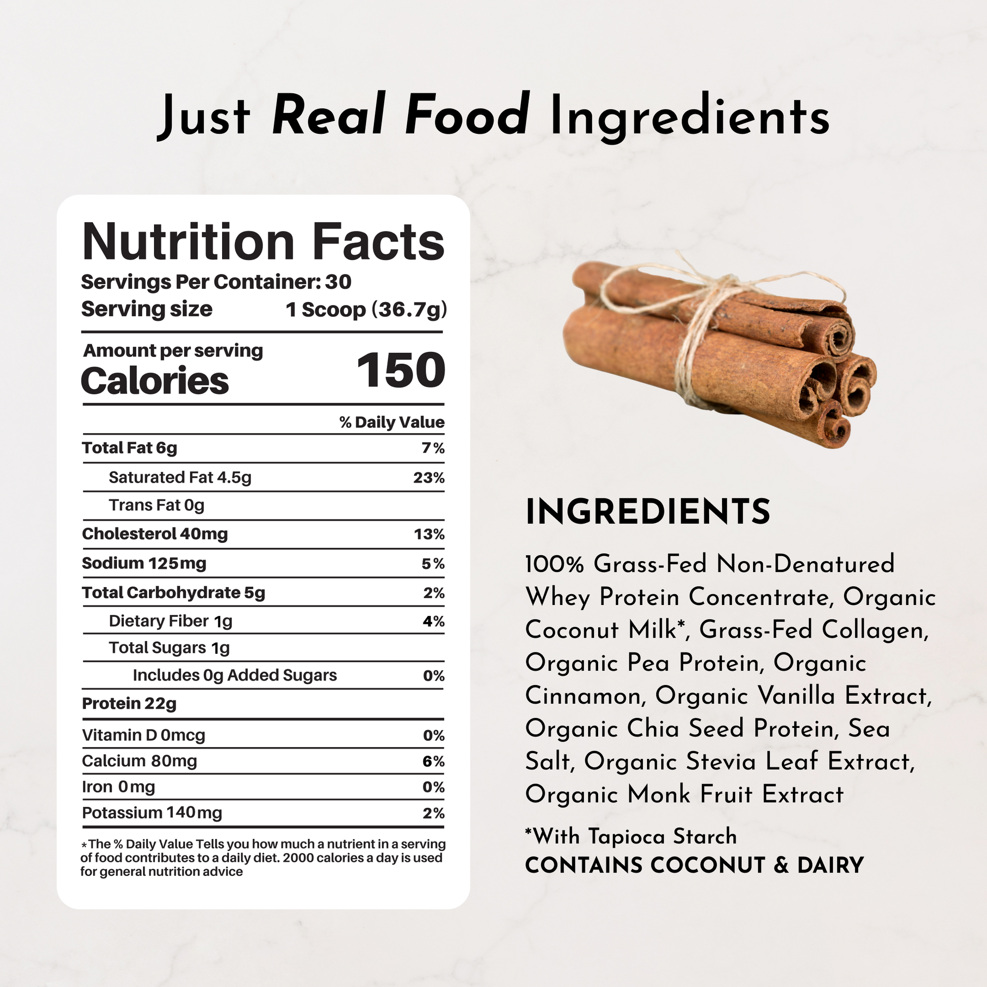 Cinnamon sticks tied with twine next to nutrition facts and ingredients list for protein powder.