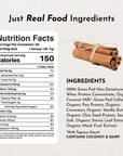 Cinnamon sticks tied with twine next to nutrition facts and ingredients list for protein powder.