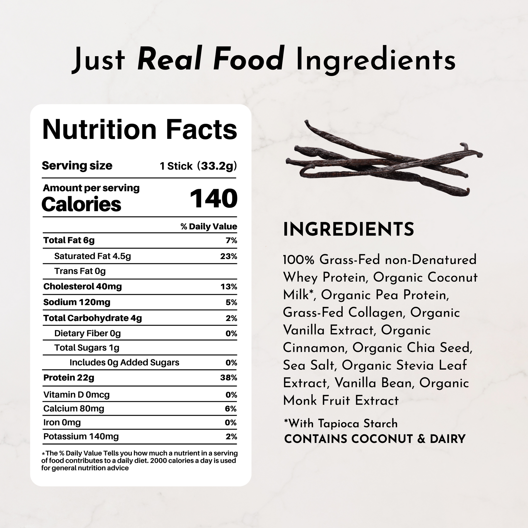 Nutrition facts and ingredients list for Vanilla Bean Protein Powder Stick, highlighting real food components.