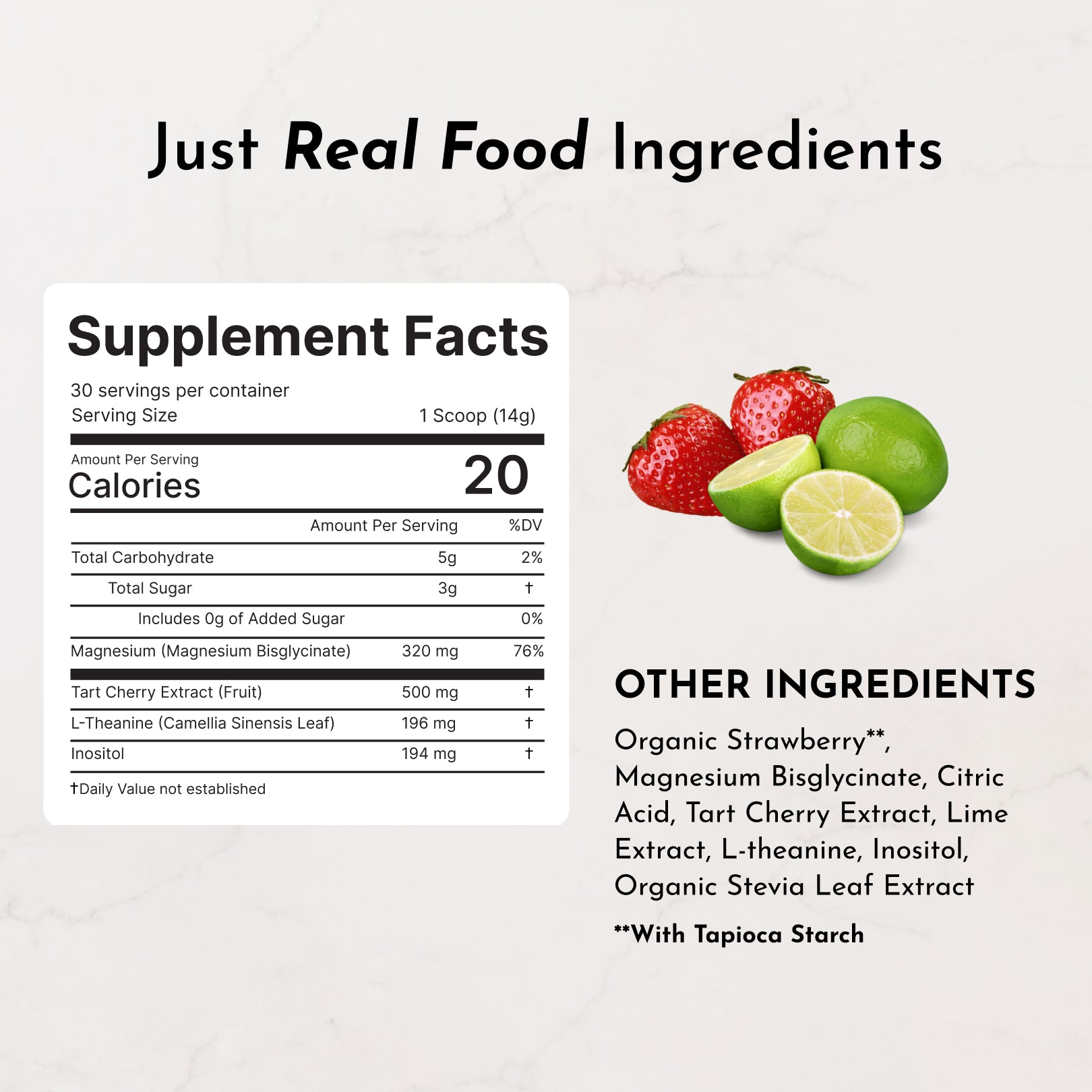 Supplement facts label with strawberries and limes showing ingredients including magnesium, tart cherry extract, L-theanine, 