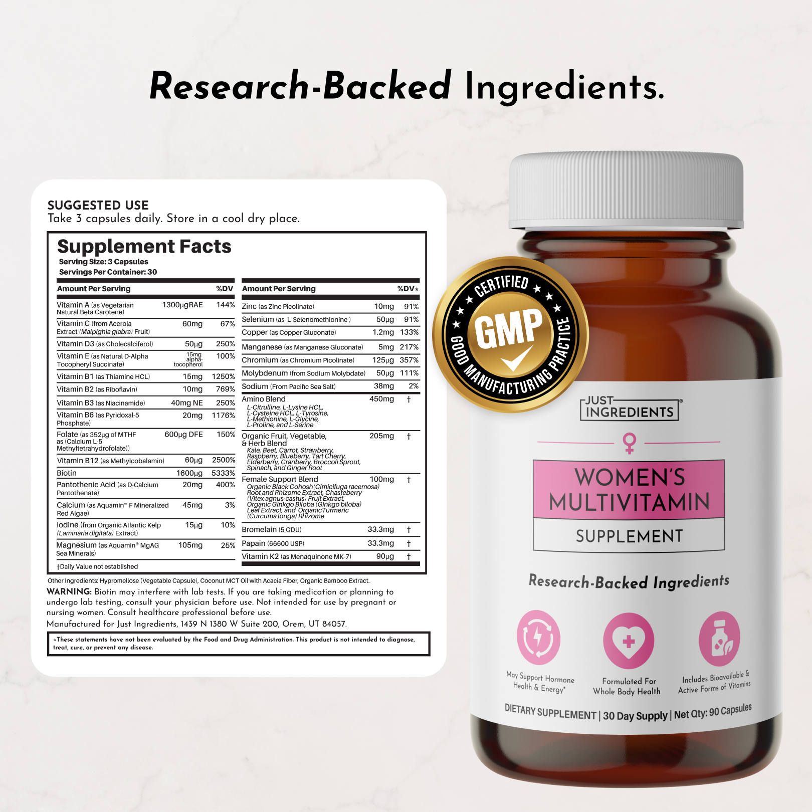 Brown glass bottle of women's multivitamin supplement with white cap, GMP certified label, and pink product branding with sup