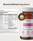 Brown glass bottle of women's multivitamin supplement with white cap, GMP certified label, and pink product branding with sup