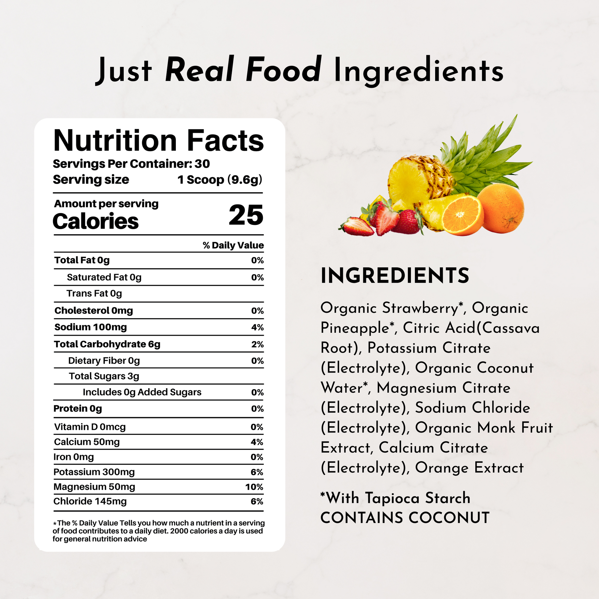 Nutrition facts label with ingredients for Fruit Punch Electrolytes, detailing calories and nutrients per serving.