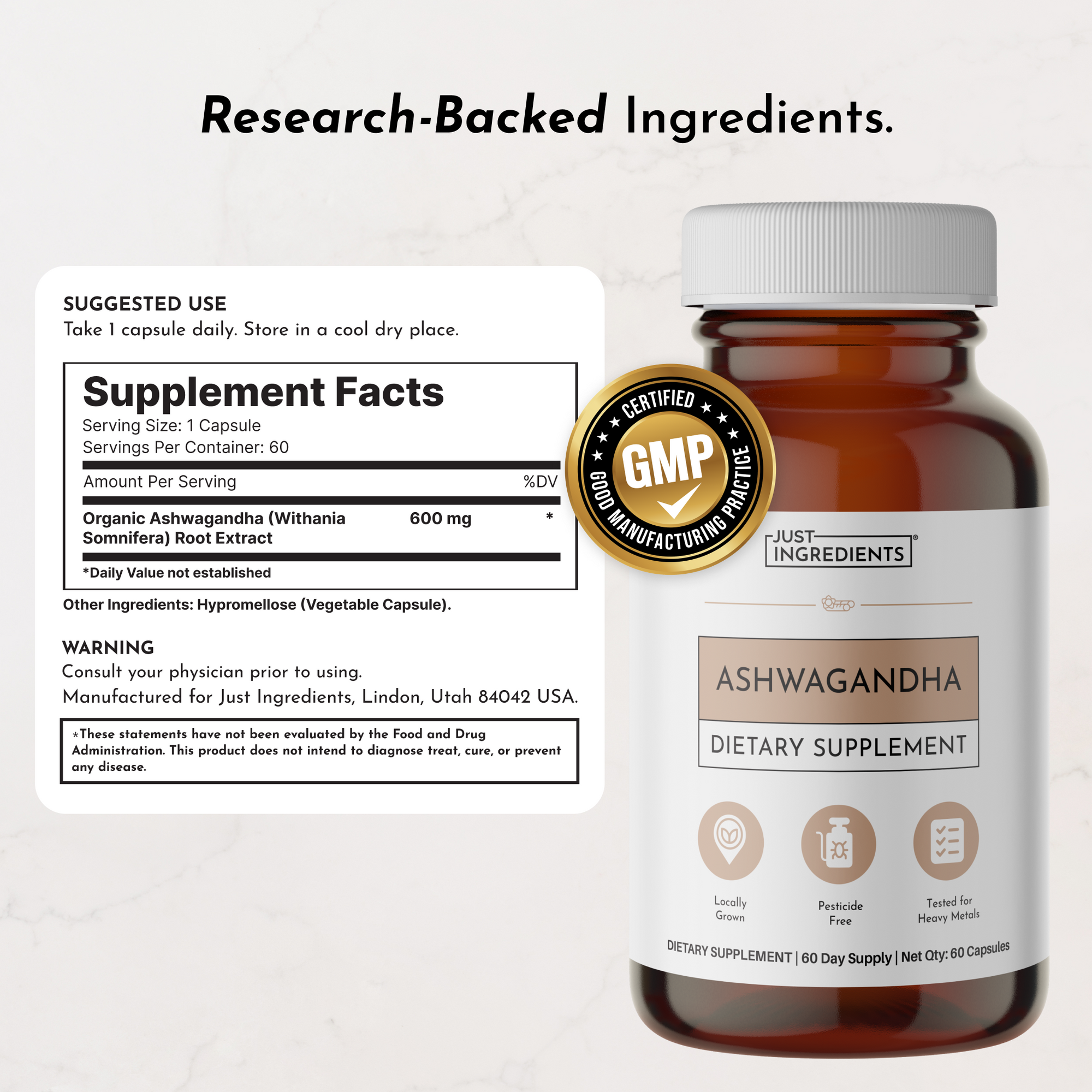 Amber glass bottle of ashwagandha dietary supplement capsules with white cap and product label showing ingredients and GMP ce