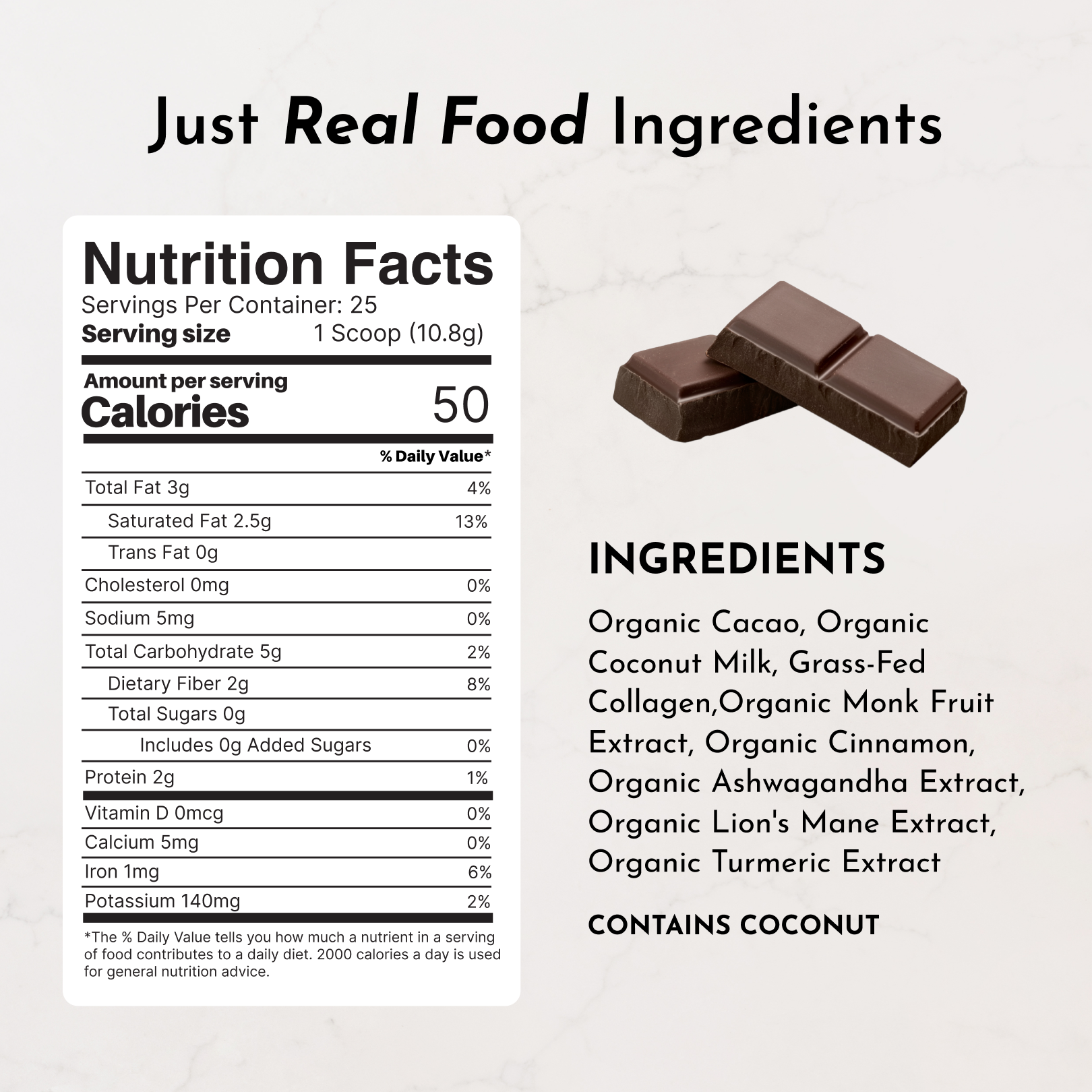 Nutrition facts label showing 50 calories per serving, with ingredients including organic cacao and coconut milk.