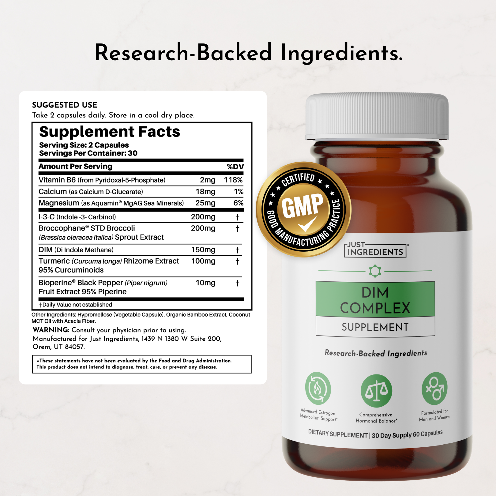 Amber glass bottle labeled "DIM Complex Supplement" with white cap, GMP certification badge, and supplement facts label visib