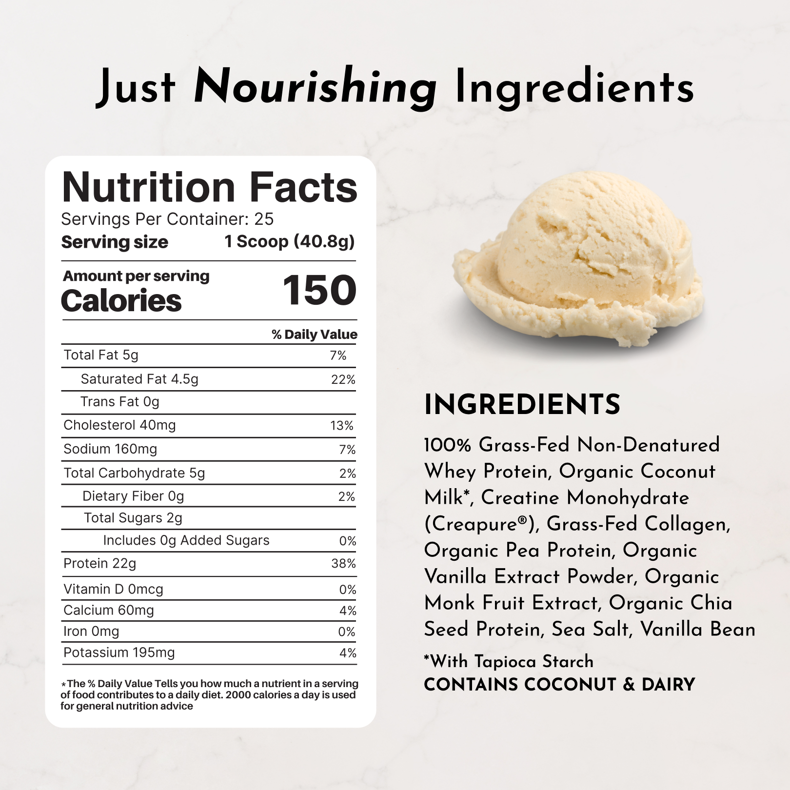 Nutrition facts label with serving size, calories, and ingredients for French Vanilla Protein + Creatine, featuring a scoop o