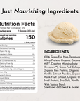 Nutrition facts label with serving size, calories, and ingredients for French Vanilla Protein + Creatine, featuring a scoop o