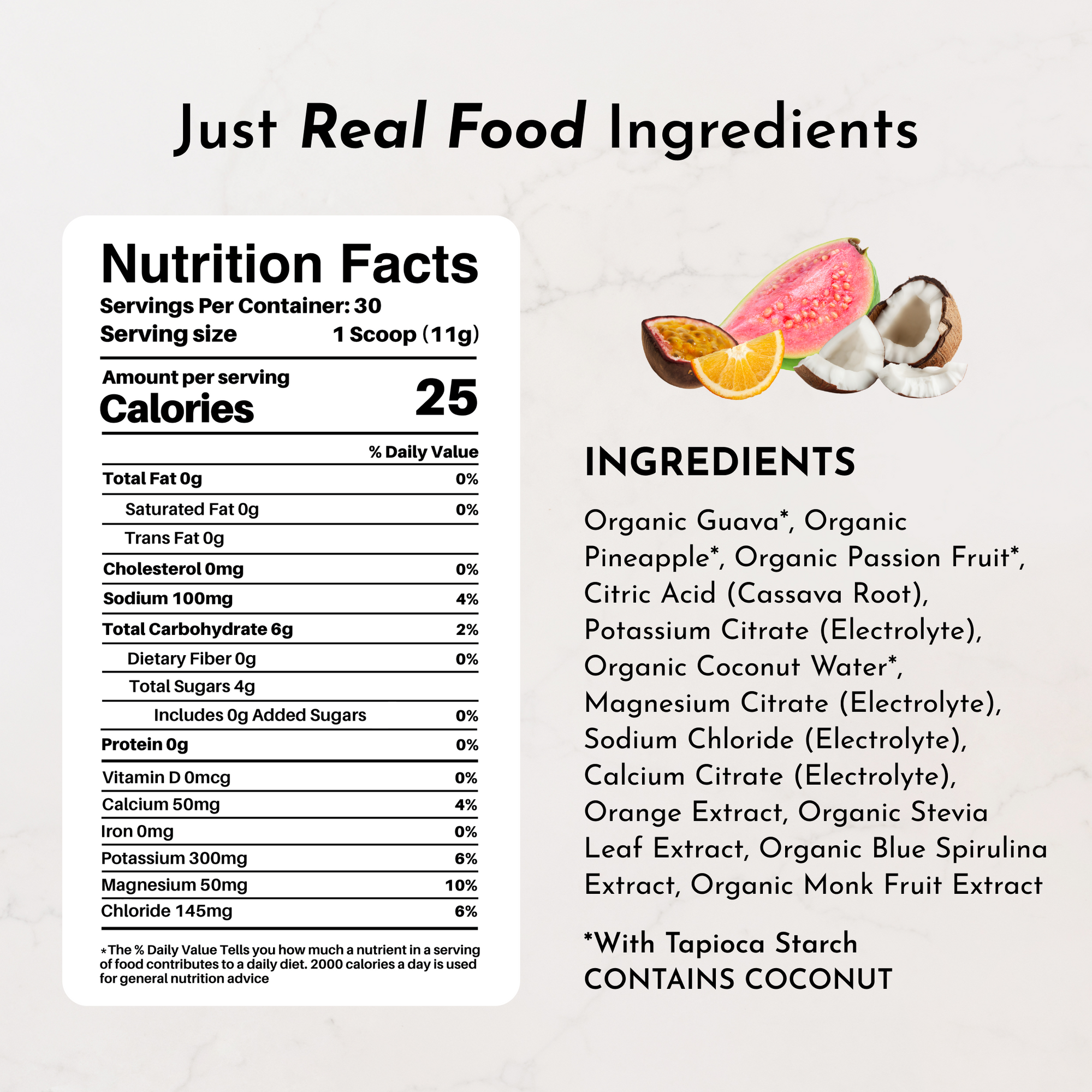Nutrition facts label and ingredient list for Blue Hawaiian Electrolytes, featuring various organic fruits and electrolytes.
