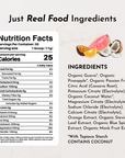 Nutrition facts label and ingredient list for Blue Hawaiian Electrolytes, featuring various organic fruits and electrolytes.