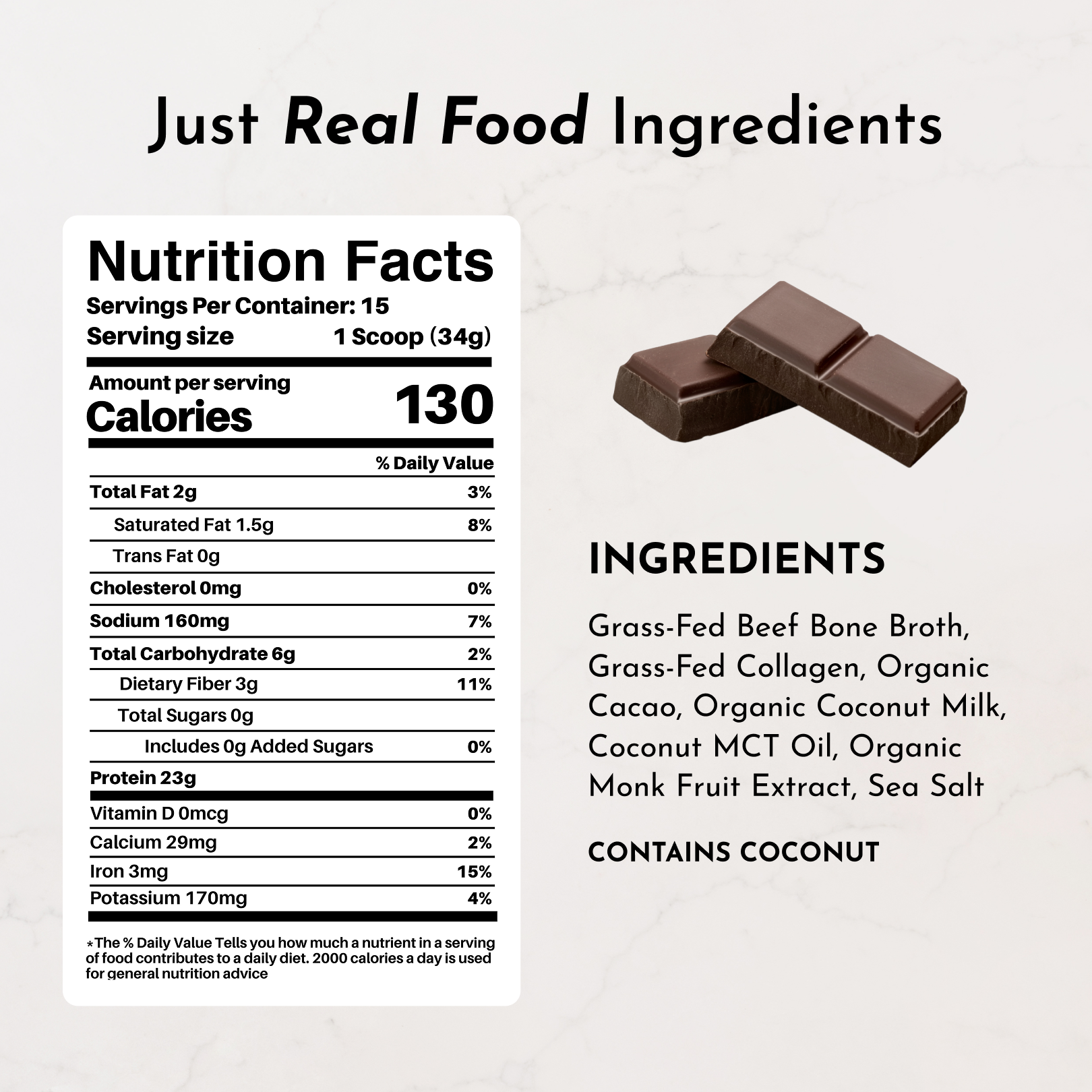 Nutrition facts and ingredients label for a product with chocolate pieces on a light gray background.